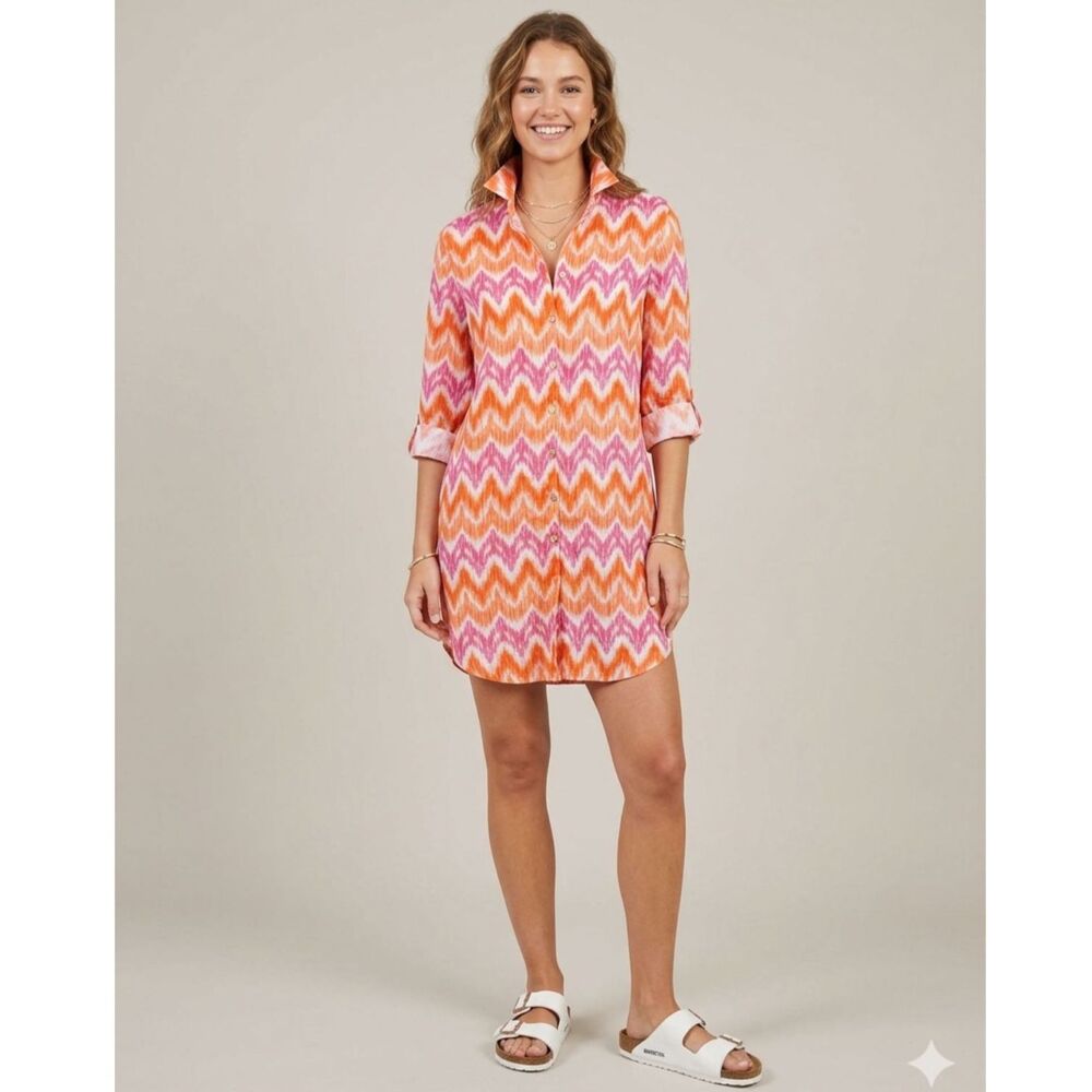 Chicos No Iron Linen Tunic Mini Dress Pink Orange Ikat Maxi Shirt Size .5 or S